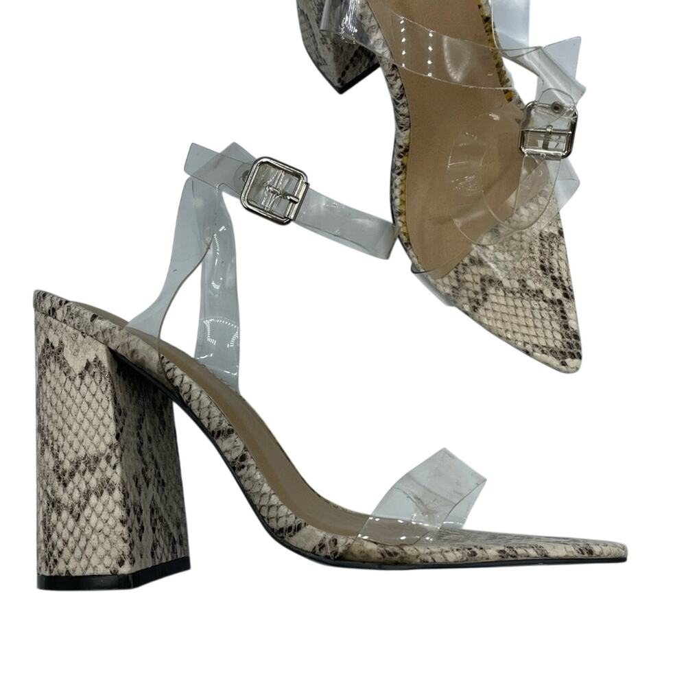 Pretty Little Thing Grey Faux Snake Print Chunky Heels Clear Straps Womens 7.5